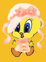 Baaby Tweety with pink hat on orange background