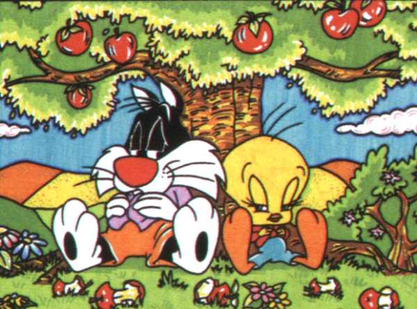Baby Sylvester and Tweety sitting under a tree