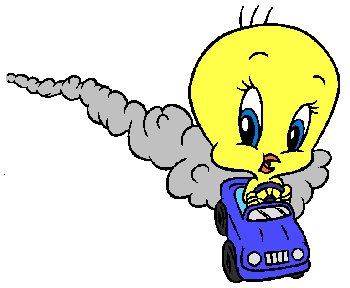 Baby Tweety in a toy blue car