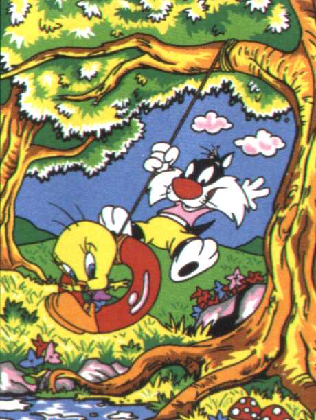 Child Tweety and Sylvester on a swing