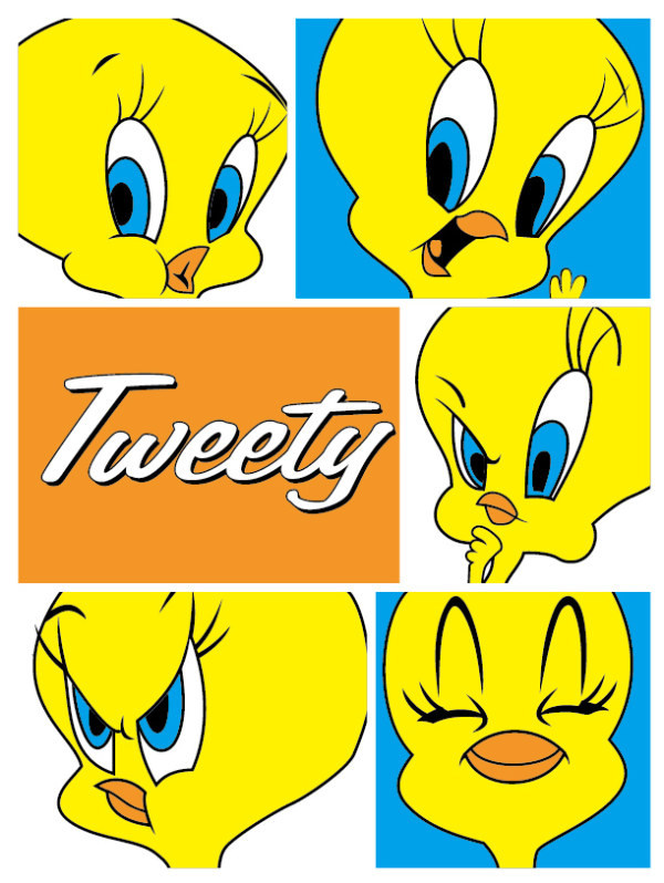 Five Tweety faces with Tweety text