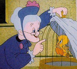 Granny putting a blanket on Tweety's cage