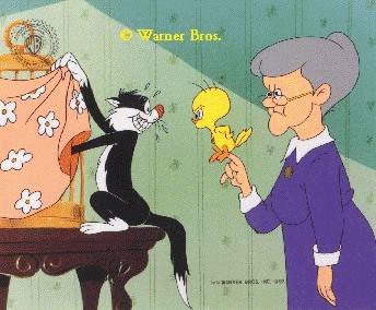 Sylvester caught by Granny and Tweety