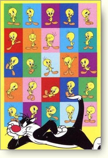 Sylvester in front of a Tweety poster