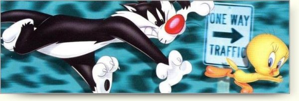 Sylvester is chasing Tweety - that way