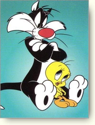 Sylvester sitting with Tweety