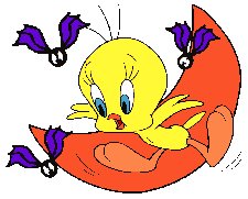 Tweety flying with purple flying objects