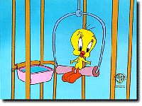 Tweety in his cage with blue background