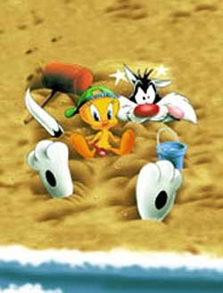 Tweety in the sand with Sylvester