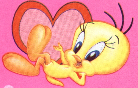 Tweety lying with a pink heart on a pink background