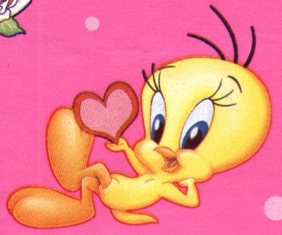 Tweety lying with a small pink heart on a pink background