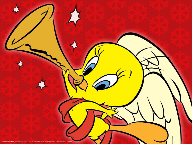 Tweety on a red background with a trumpet