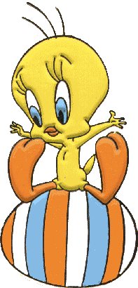 Tweety on orange-blue-white striped ball