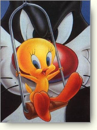 Tweety on swing with Sylvester very close