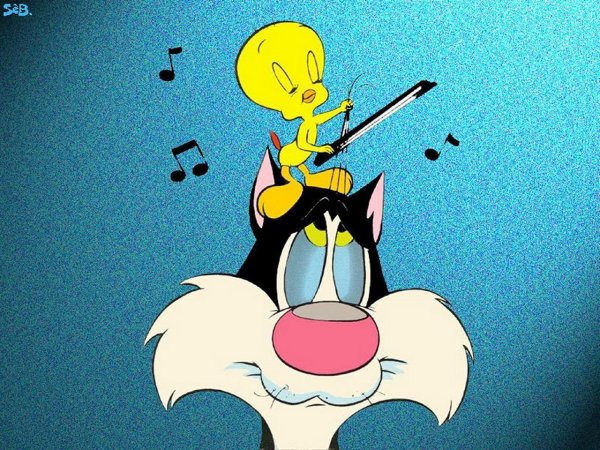 Tweety playing violin on Sylvester's head