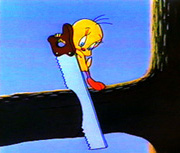 Tweety sawing the branch he's sitting on