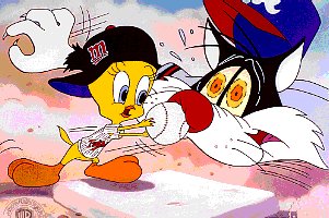 Tweety touches Tweetys nose on base