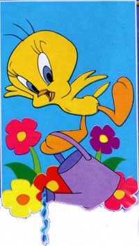 Tweety watering the flowers