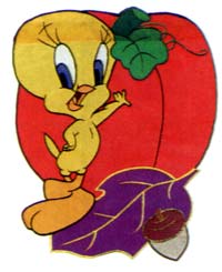 Tweety with a red bell-pepper and a purple leaf