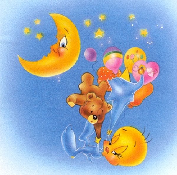 Tweety with balloons falling off the moon