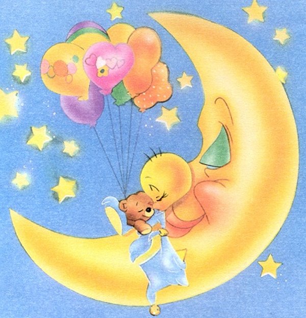 Tweety with balloons sleeping on the moon