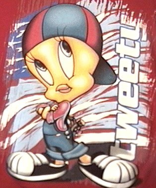 Tweety with baseball cap with dark red background