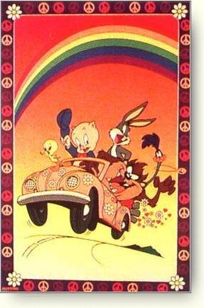 Tweety with friends in car under the rainbow