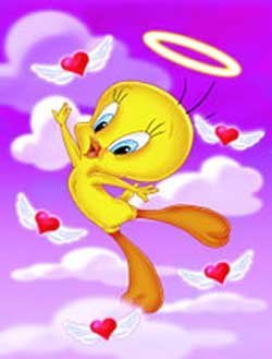 Tweety with hearts on a purple background