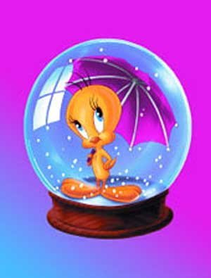 Tweety with purple umbrella in snow-globe