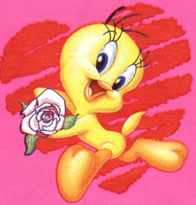 Tweety with rose in heart - pink background