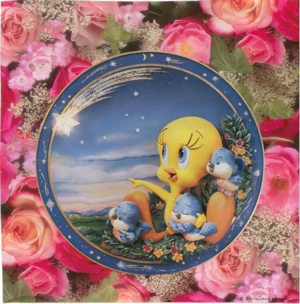 Tweety with three little blue birds in roses painting