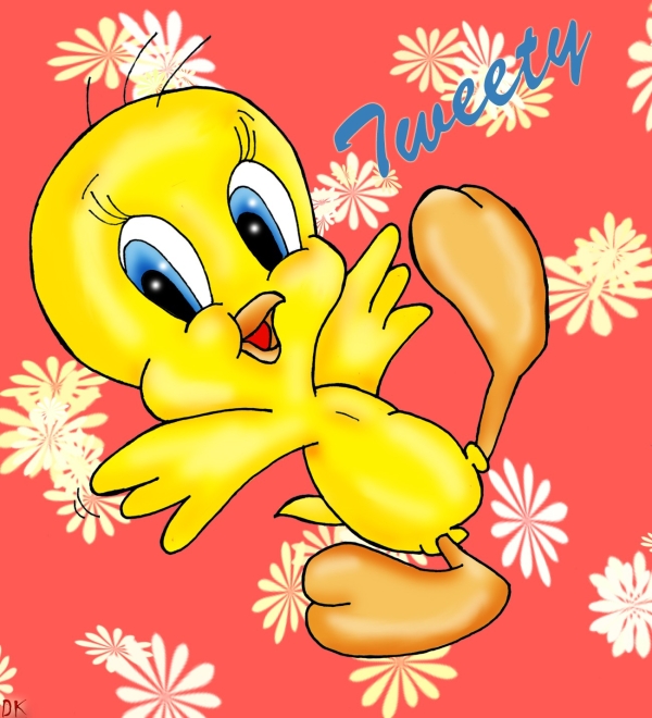 Tweety with yellow flowers on light red background